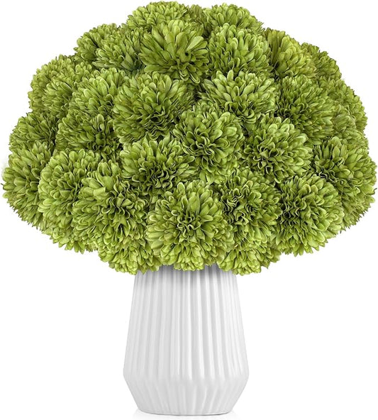 36 Pcs Artificial Chrysanthemums Flowers Green Ball Flower Silk Fake Mums Flowers for Home Decor Outdoor Wedding Floral Arrangement St Patricks Day Table Centerpiece