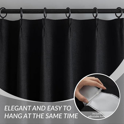 KangBang Black Pinch Pleated Curtains Blackout 84 Inch Length 2 Panels Set, Thermal Insulated Pleated Drapes with Hooks for Bedroom Living Room, Elegant Modern Window Panels, Black, 40Wx84L