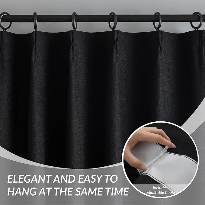 KangBang Extra Wide Pinch Pleated Blackout Curtains 84 Inch Length 2 Panels Set, Thermal Insulated Linen Curtains for Sliding Door Living Room, Modern Pleat Draperies with Hooks,60x84, Black