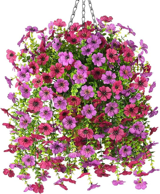 Artificial Fake Hanging Plants Flowers Baskets for Outdoor Outside Spring Decor,Faux Silk Daisy UV Resistant Look Real Summer Decorations for Home Porch Patio Yard Garden(Light Purple