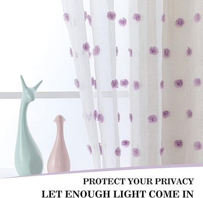 MYSKY HOME Purple Curtains for Girls Bedroom 84 Inch Long White Sheer Curtains with Lilac Pom Pom for Living Room Nursery Curtains 2 Panels Light Filtering Rod Pocket Semi Window Drapes 52 x 84 inch