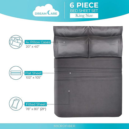 DREAMCARE King Size Sheets Set – 6 pcs Cooling Bed Sheets – up to 21” Deep Pocket King Sheet Set - 2500 Supreme Collection – Extra Soft 100% Brushed Microfiber Hotel Luxury with Side Pocket - Gray