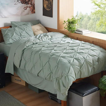 Bedsure Twin XL Comforter Set - Extra Long 5 Pieces Dorm Bedding Sets, GentleSoft™ Pinch Pleat Sage Green Bed in a Bag with Pintuck Comforter, Sheets, Pillowcase & Sham