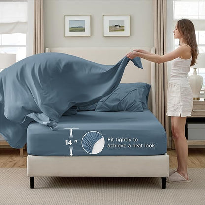 Bedsure Full Comforter Set Mineral Blue - Bed in a Bag Full Size Bedding Set 7 Pieces, GentleSoft™ Pintuck Bed Set Gift for Family, Pinch Pleat All Season Comforter with Sheets, Pillowcases & Shams