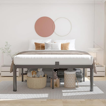 ROIL 12 inch Full Size Bed Frame with Headboard Hole and Round Corner Legs Mattress Retainers 3500LBS Heavy Duty Steel Slats No Box Spring Needed Platform Noise-Free Underneath Storage