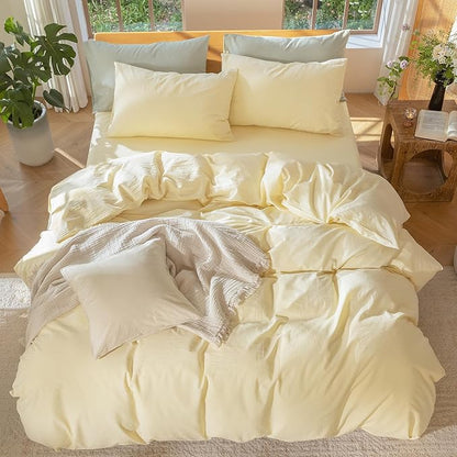 MooMee Bedding Duvet Cover Set 100% Washed Cotton Linen Like Textured Breathable Durable Soft Comfy (Heathered Butter Yellow, Twin 68"x90")