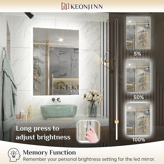 Keonjinn 47.8 x 24 Inch LED Bathroom Mirror with Backlit, Dimmable Vanity Mirror with Lights, High Lumen, Anti-Fog, CRI90+, UL Listed LED Driver, HD Tempered Glass