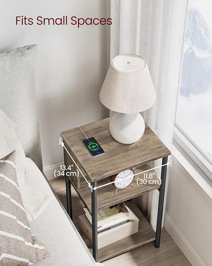 VASAGLE Side Table with Charging Station, 3-Tier End Table with USB Ports and Outlets, Nightstand for Living Room, Bedroom, 11.8 x 13.4 x 22.8 Inches, Plug-in Series, Camel Brown and Black