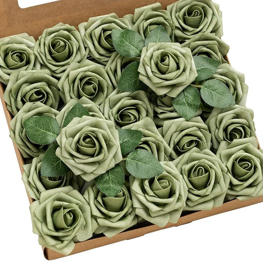 Ling's moment Artificial Flowers 25Pcs Elf Green Roses Decor w/Stems,3" Real Touch DIY Foam Floral for Wedding Bouquet/Centerpieces, Outdoors Party Backdrop, Room/Table, and Garden/Pot Decorations