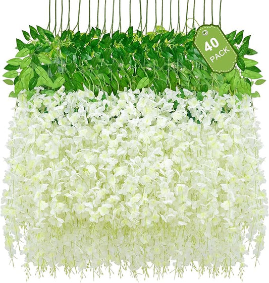 Waipfaru 40 Pack White Wisteria Hanging Flowers, Fake Flowers for Decoration, Artificial Hanging Flowers, Vines for Bedroom, Flower Garland for Home, Party, Wall, Wedding Decoration(3.6 Ft/Pcs)