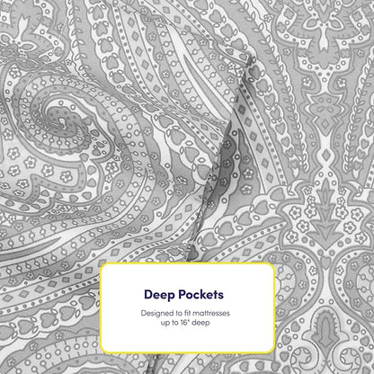 Full Size Bed Sheets - 6 Piece 1500 Supreme Collection Fine Brushed Microfiber Deep Pocket Full Sheet Set Bedding - 2 Extra Pillow Cases, Great Value, Full, Paisley Gray