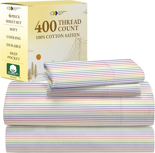 California Design Den Rainbow Striped King Size Sheets Set - Luxury 400 Thread Count Sateen, Natural 100% Cotton Sheets, Deep Pockets, Cooling and Durable Bedding Set - Rainbow Striped
