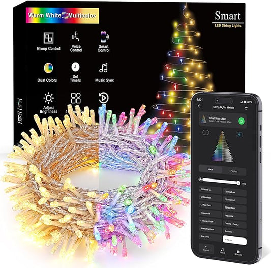 Brizled Smart Color Changing Christmas Lights, 66FT 200 LED Warm White & Multicolor Color Changing App Control Fairy Lights, Dimmable Music Sync Xmas Tree Light for Indoor Outdoor Wedding, Party Decor