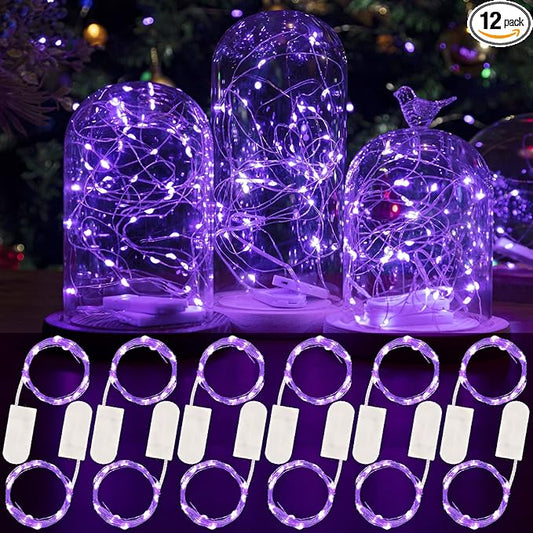 HXWEIYE 12 Pack LED Fairy Lights Battery Operated, 7ft 20LED Purple Mini String Mason Jar Lights, Waterproof Firefly Starry for Indoor Outdoor Halloween Thanksgiving