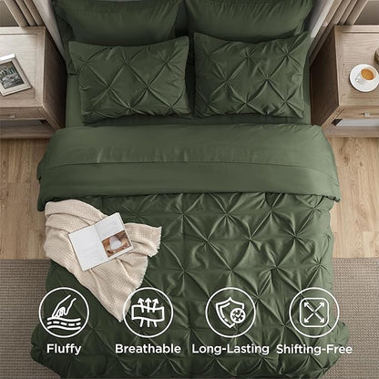 Bedsure Queen Comforter Set Olive Green - Bed in a Bag Queen Size Bedding 7 Pieces, GentleSoft™ Pintuck Bed Set Gift for Family, Pinch Pleat All Season Comforter with Sheets, Pillowcases & Shams