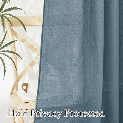 RYB HOME Sheer Curtains for Bedroom - Linen Textured Semi Sheer Window Backdrop Curtains Light Filtering Privacy Drapes for Office Dining Bathroom, Stone Blue, W 52 x L 72 inch, 2 Panels