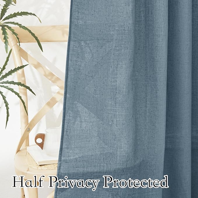 RYB HOME Stone Blue Semi Sheer Curtains, Natural Linen Blend Drapes Light Filtering Privacy Protected Back Tab Curtain Panels for Cottage Study Room Attic 52 x 72 inch, 2 Panels Set