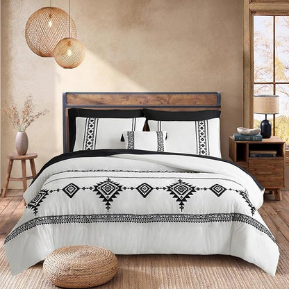 MaiRêve Embroidery Comforter Set Queen Size - 7 Piece, White Boho Western Bedding All Season Bed in A Bag, Farmhouse Queen Comforter Set with Sheets, Pillowcases & Shams