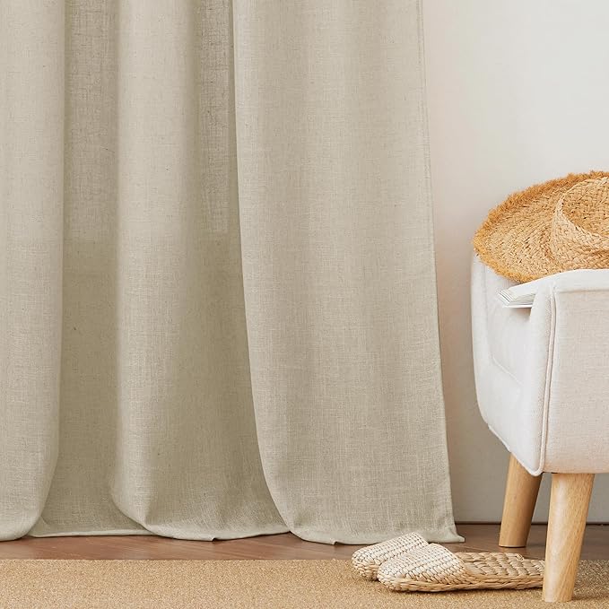 RYB HOME Semi Sheer Curtains - Linen Textured Sheer Curtains Light & Airy Country Curtains Privacy Sheer Window Decor for Bedroom Living Room Sun Room, Beige, W 52 x L 90 inch, 1 Pair