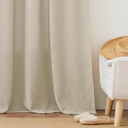 RYB HOME Semi Sheer Curtains - Linen Textured Sheer Curtains Light & Airy Country Curtains Privacy Sheer Window Decor for Bedroom Living Room Sun Room, Beige, W 52 x L 90 inch, 1 Pair