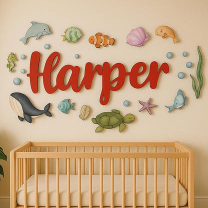 Custom Nursery Name Sign with Themed Decor Kit | Personalized Wooden Wall Art for Baby, Kids Room | Space, Jungle, Circus, Under the Sea, Woodland, Rainbow (40", Under the Sea)