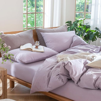 MooMee Bedding Duvet Cover Set 100% Washed Cotton Linen Like Textured Breathable Durable Soft Comfy (Heathered Light Purple, Twin 68"x90")
