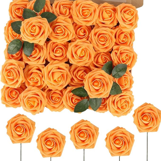 MACTING 60PCS Artificial Flower Roses Real Touch Fake Flowers with Stem Orange Foam Rose for DIY Wedding Bouquet Table Centerpieces Crafts Party Holiday Home Decorations