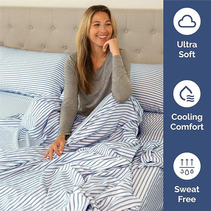 King 6 Piece Sheet Set - Comfy Breathable & Cooling - Soft Hotel Luxury Bedding Set with 8-16 Inch Deep Pockets - 1 Flat & 1 Fitted Sheet & 4 Pillowcases - Wrinkle Free & Easy Care - Blue Stripes 2