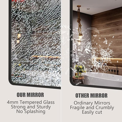 44x30 Inch Black Metal Framed Bathrrom Mirror for Wall, Black Rounded Rectangle Mirror, Matte Black Bathroom Vanity Mirror, Anti-Rust, Tempered Glass, Hangs Horizontally or Vertically