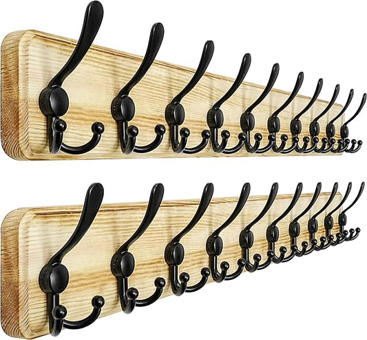 Dseap Coat Rack Wall - Heavy-Duty 38-1/4" Long, with Reinforced 10 Custom Tri-Hooks, Solid Wood Wall Hanger for Coats Hat Jackets - Rustic Farmhouse Entryway Storage, Light Brown & Black, Pack of 2