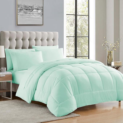 Sweet Home Collection 7 Piece Comforter Set Bag Solid Color All Season Soft Down Alternative Blanket & Luxurious Microfiber Bed Sheets, Mint, Full
