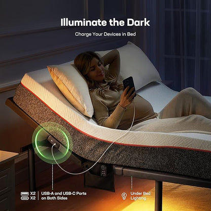 Marsail MS01-1 Full Adjustable Bed Base with Massage, 4 Ports USB A&C Adjustable Bed Frame with Under-Bed Nightlight, 3 Minutes Fast Assembly, Wireless Control Adjustable Bed with 4 Height Options