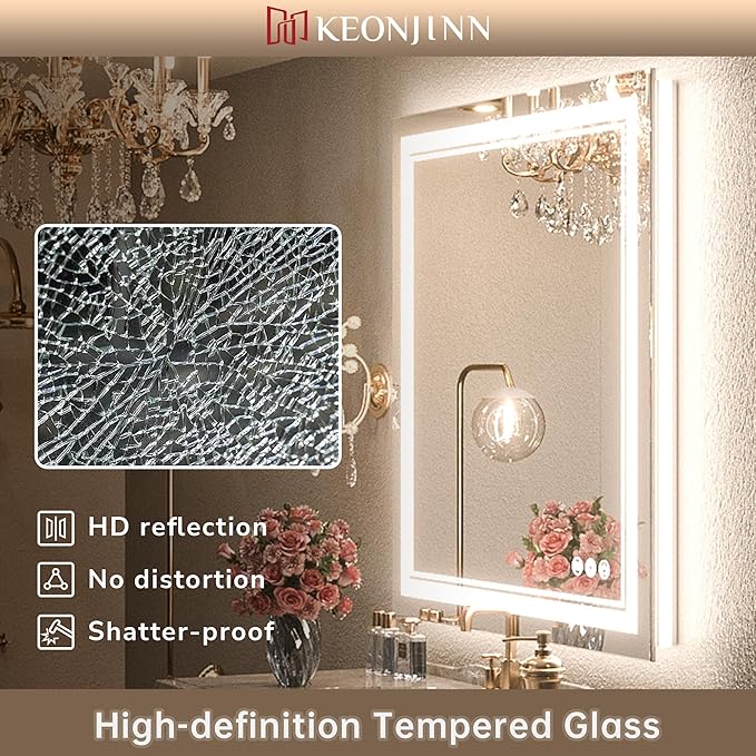 Keonjinn LED Bathroom Mirror 30 x 36 Inch with Front and Back Light, Stepless 3 Colors Temperature & Dimmable Backlit Mirror, UL Listed LED Driver, Double Lights Tempered Glass LED Wall Vanity Mirror