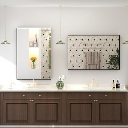 22x30 Inch Black Metal Framed Wall Mirror with Square Corner, Matte Black Rectangle Bathroom Vanity Mirror for Wall, Anti-Rust, Hangs Vertically or Horizontally