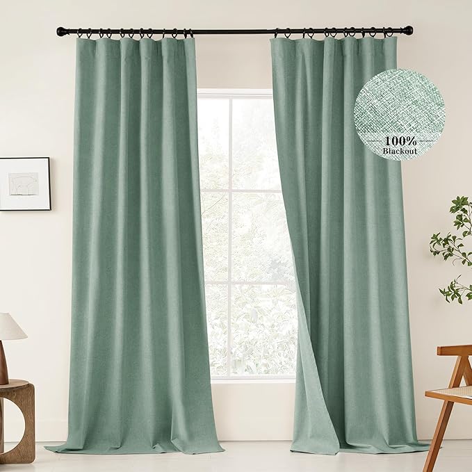 KangBang 100% Blackout Linen Curtains 72x108 Inches Long, Back Tab Pocket Pleated Room Darkening Curtains for Living Room Sliding Patio Door, Soft Thick Linen Textured Drapes, 2Pcs, Cameo Green