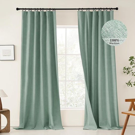 KangBang 100% Blackout Linen Curtains 72x108 Inches Long, Back Tab Pocket Pleated Room Darkening Curtains for Living Room Sliding Patio Door, Soft Thick Linen Textured Drapes, 2Pcs, Cameo Green