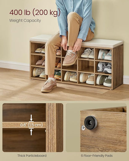 VASAGLE CUSTOS Collection - Shoe Bench, Storage Bench with Padded Seat, Entryway Bench with 15 Compartments, for Bedroom, 11.8 x 41.3 x 18.9 Inches, Honey Brown and Cappuccino Beige ULHS015K02
