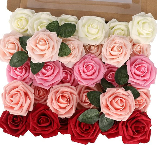 MACTING 30PCS Artificial Flower Roses Real Touch Fake Spring Flowers with Stem Foam Roses for DIY Wedding Bouquet Floral Arrangements Table Centerpieces Party Home Mothers Day Decor (Mix Color 3)