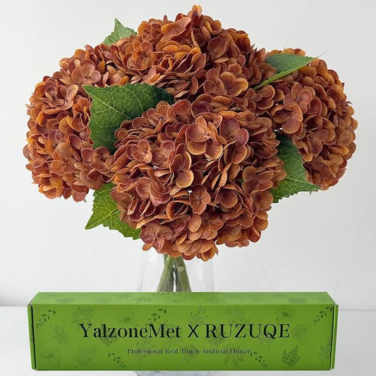 YalzoneMet 4 Pcs Orange Brown Hydrangea Artificial Flowers 21‘’ Real Touch Latex Hydrangea Fake Flowers for Fall Home Decor Party Kitchen Bedroom Bronze Vintage Flower Table Centerpieces