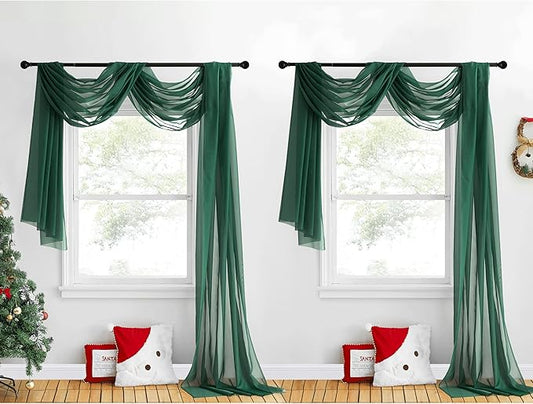 NICETOWN Sante Green Decorative Window Scarfs for Christmans, Voile Sheer Curtains Flexible Valances Bed Canopy for Thanksgiving Day, Set of 2, W60 x L216