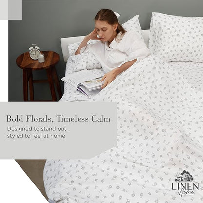 Linen Home 100% Cotton Printed Percale Sheets California King Size, Deep Pocket, 4 Pieces Set - 1 Flat, 1 Deep Pocket Fitted Sheet and 2 Pillowcases, Crisp Cool Bed Linen, Grey Silhouette Floral