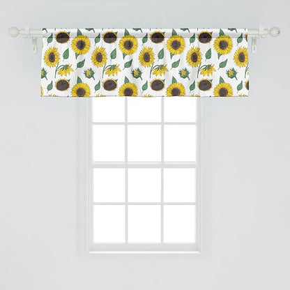 Ambesonne Sunflower Window Valance Pack of 2, Agricultural Pattern Botanical Inspiration Hand-Drawn Flowers, Rod Pocket Curtain Valances for Kitchen Bedroom, 42" X 18", Reseda Green Dark Brown