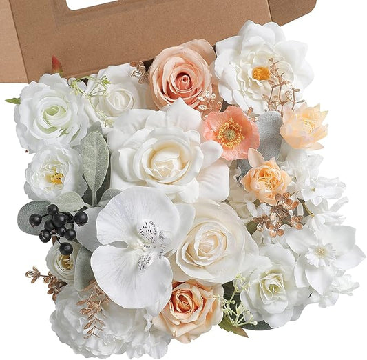 White Artificial Flowers Combo Silk Mix Fake Flowers Leaf for DIY Wedding Bouquets Centerpieces Arrangements Party Baby Shower Home Decorations