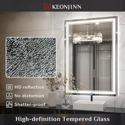 Keonjinn LED Bathroom Mirror with Lights, 28 x 36 Inch Front Lighted Vanity Mirror, HD Tempered Glass, UL-Listed LED Driver, Anti-Fog, 6000K Dimmale, Memory Function, Easy Installation