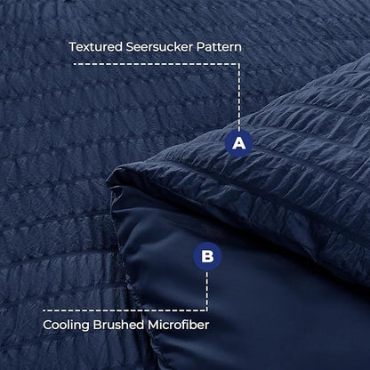 HYMOKEGE Navy Blue Oversized King Comforter Set Seersucker 7 Pieces, All Season Luxury Bed in a Bag for Bedroom, Bedding Set with Comforter, Sheets, Pillowcases & Shams