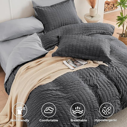 HYMOKEGE Dark Grey/Light Grey Full Size Comforter Sets Seersucker 7 Pieces, All Season Luxury Bed in a Bag for Bedroom, Bedding Set with Comforter, Sheets, Pillowcases & Shams