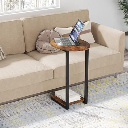 Hosfais Side Table Small End Table, C-Shaped Wood Sofa Table with Metal Frame for Living Room, Bedroom, Small Spaces (Rustic Brown)