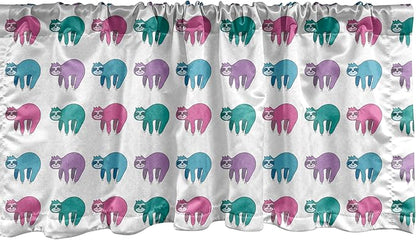 Ambesonne Funny Sloth Window Valance, Colorful Art Repeating Lazy Animal on Plain Backdrop, Curtain Valance for Kitchen Bedroom Decor with Rod Pocket, 54" X 12", Dark Seafoam Pink