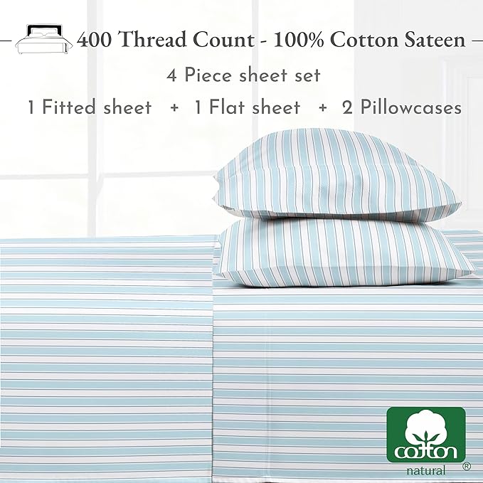 California Design Den California King Sheet Sets - 400 Thread Count Sateen, Natural 100% Cotton Sheets Set, Deep Pocket Cooling and Durable Bedding - Cape Stripe