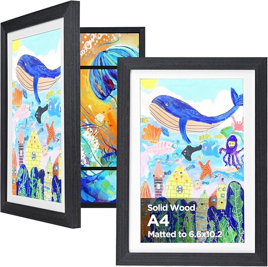 KINLINK A4 Kids Art Frames Set of 2, Solid Wood Kids Artwork Frames Changeable with Acrylic Front Opening Holds 150 Pictures 8.3x11.7, Art Frame for Kids Artwork with Mat or without Mat, Black Wood